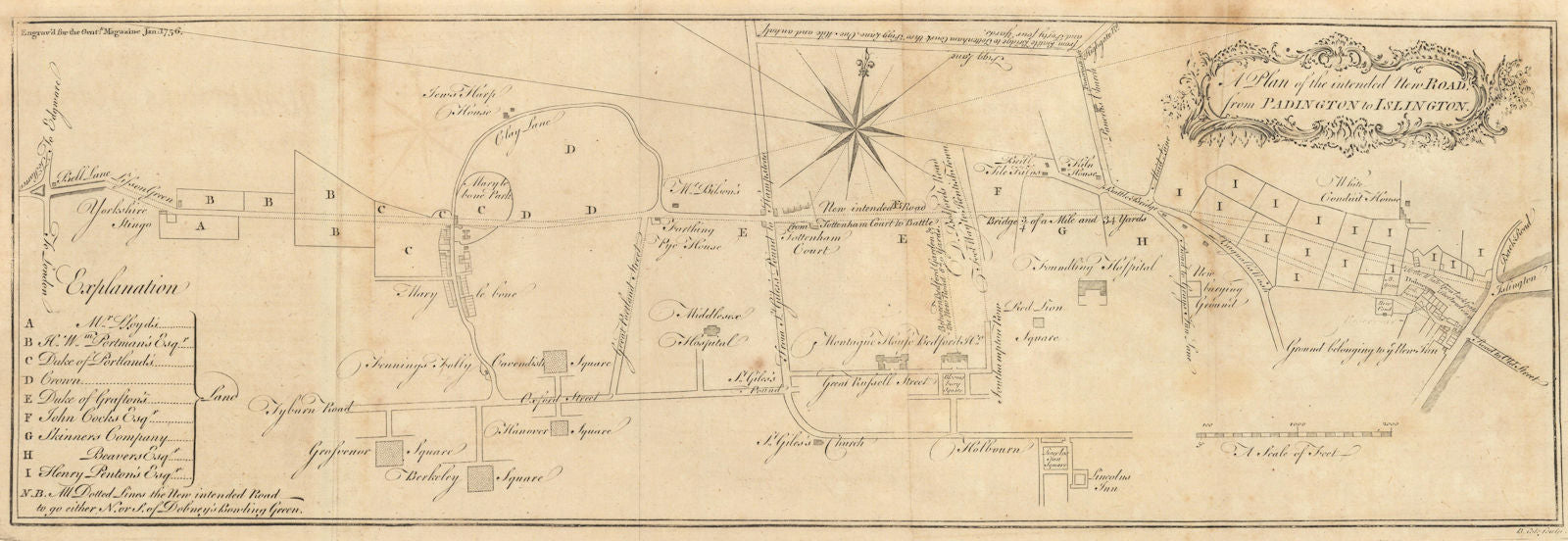 New road from Padington to Islington. Marylebone Euston Bloomsbury COLE 1755 map